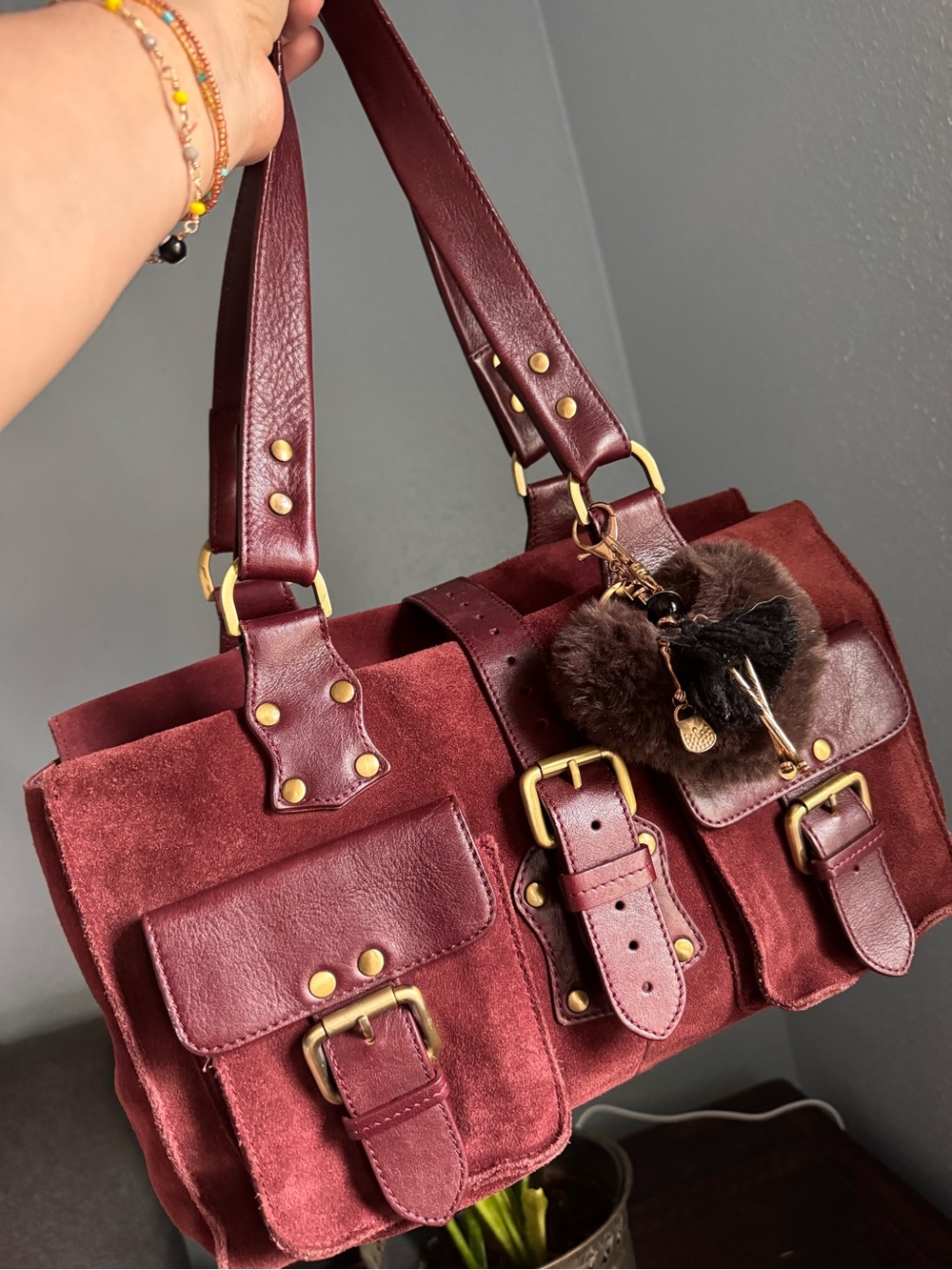 Burgundy Suede & Leather Satchel Tote with Gold Hardware - Picture 3 of 16